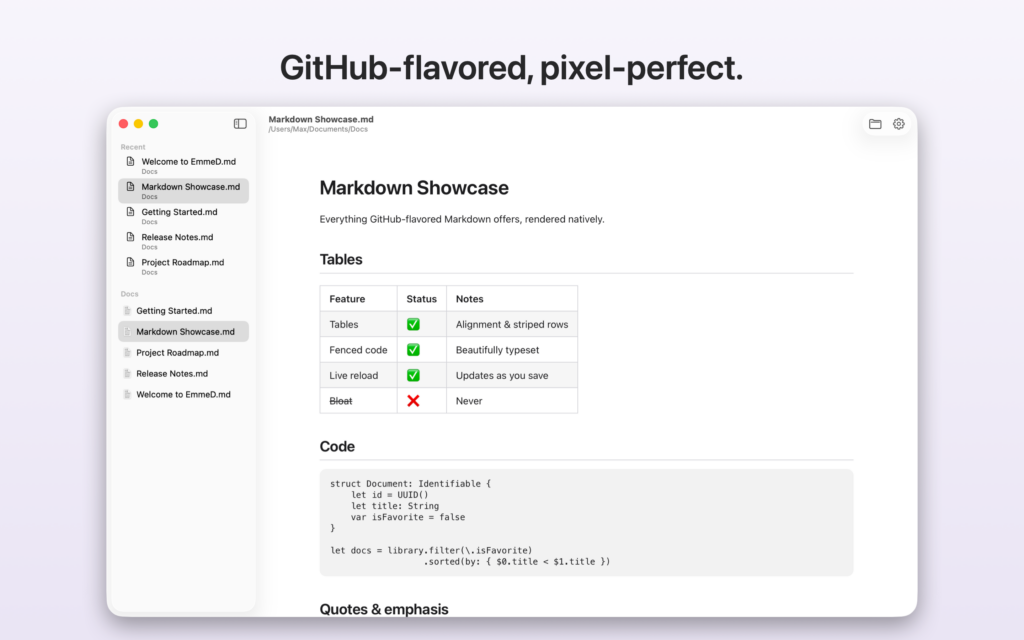 EmmeD rendering GitHub-flavored Markdown