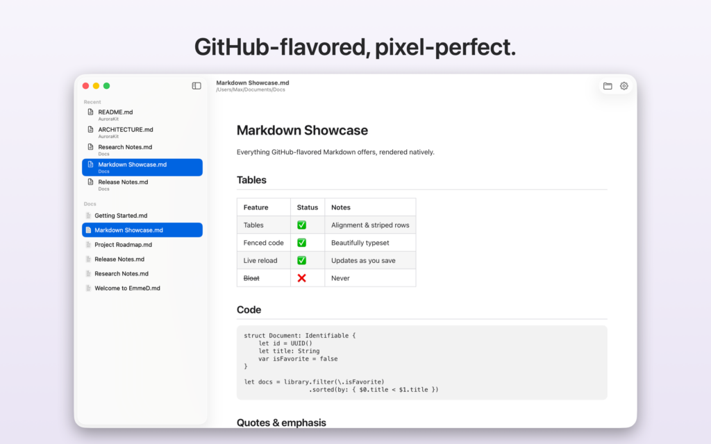 GitHub-flavored Markdown, pixel-perfect