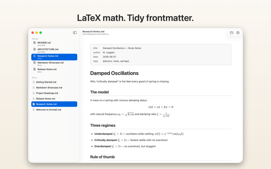LaTeX math and tidy YAML frontmatter