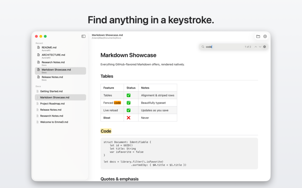 In-document search with match highlighting